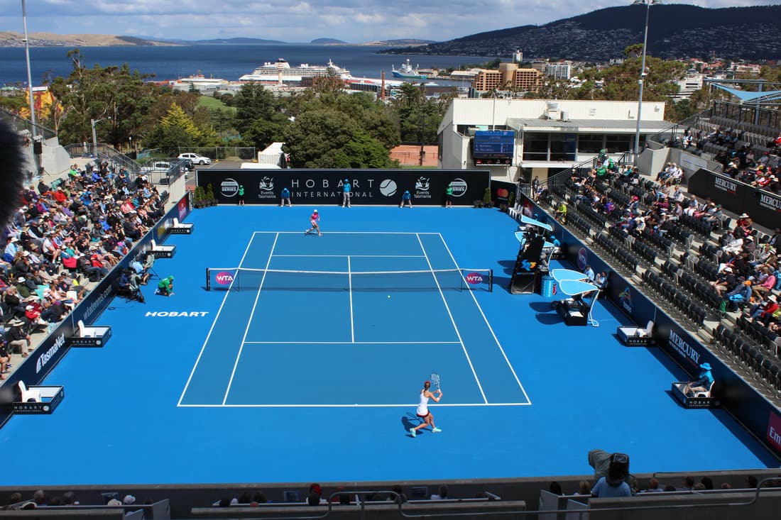 Centre court during the Hobart International, with the Derwent behind